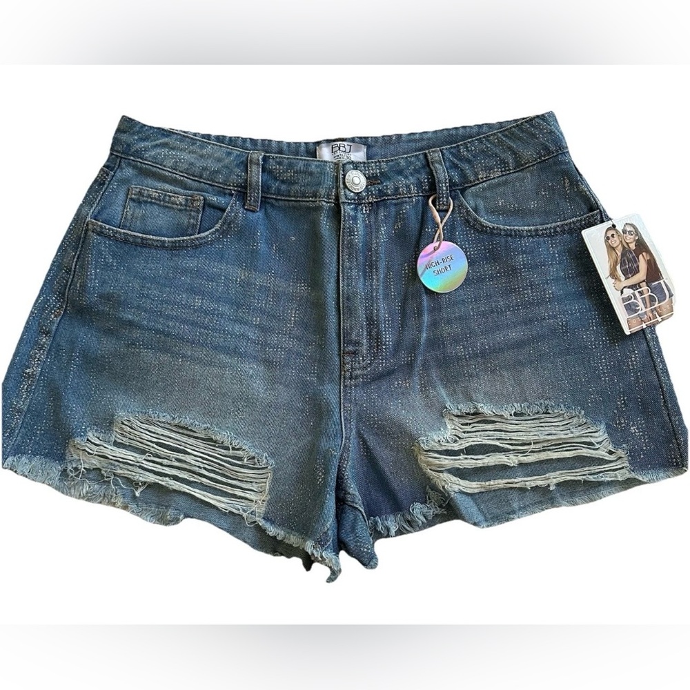 “Vintage Glitter” Shredded Raw Hem High-Rise Denim Shorts-11-McBling Y2K Cowgirl